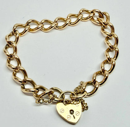 9ct yellow gold curb link bracelet with heart clasp with safety chain 7