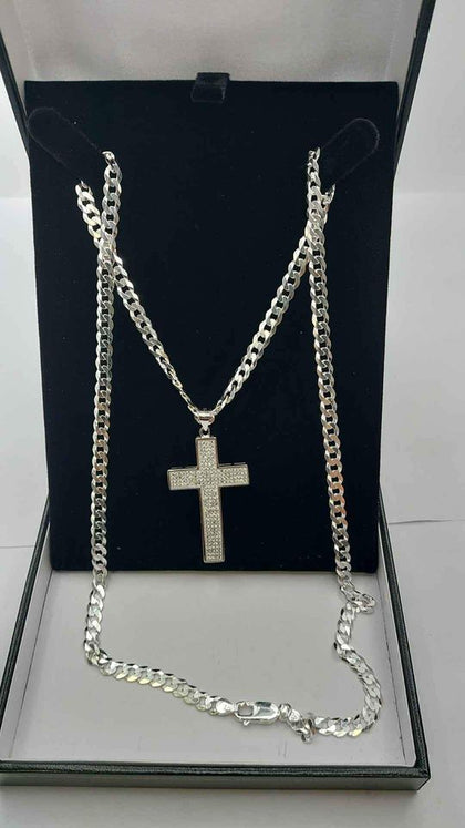 925 Sterling Silver Curb Chain Necklace With Cross Pendant - 24