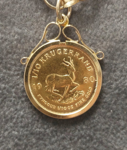 1980 1/10th oz Krugerrand Coin in 9ct Gold Mount & 20