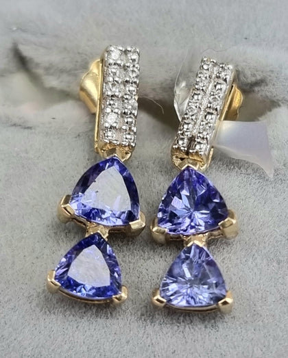 9ct Gold Drop Earrings Purple/Clear Stones