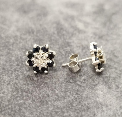 9ct White Gold Blue & Clear Stone Cluster Stud Earrings