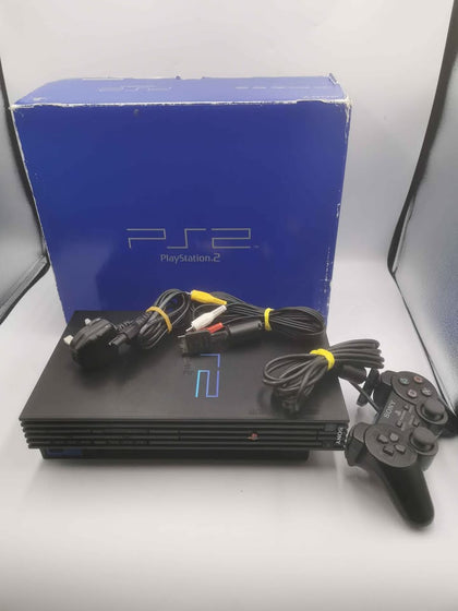 PlayStation 2 Console Black Boxed With Controller and Wires