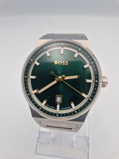 Hugo Boss candor mens green stainless steel quartz dress watch with box and extra links