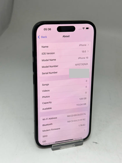 Apple iPhone 16 128GB Black Unlocked BH 100% Apple Warranty 17/07/26