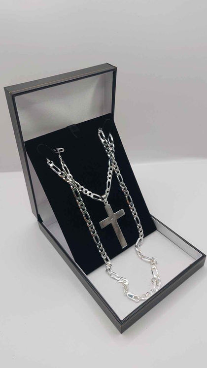 925 Sterling Silver 3In1 Figaro Chain Necklace W/ Cross Pendant - 24