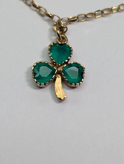 9ct Gold Emerald Three Leaf Clover Pendant & Chain