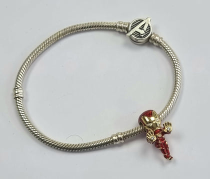 Pandora Marvel Avengers Logo Snake Chain Bracelet + Iron Man Plated Charm