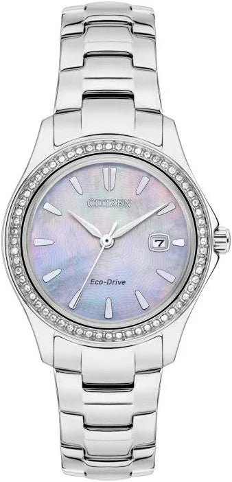 Ladies Citizen Eco-Drive Pearl White Dial Dia Bezel Wristwatch FE1140-86D