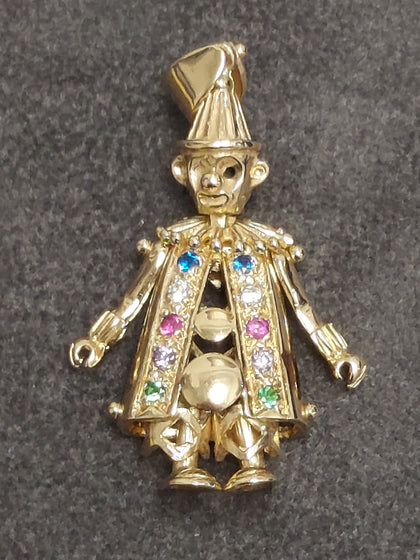 9ct Vintage Yellow Gold Gemset Articulated Clown Pendant