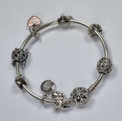 Pandora Moments Sparkling Snowflake Clasp Bangle + 8 Charms
