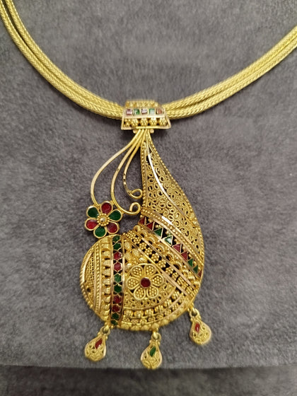 14ct Yellow Gold Ornate Necklace with 60mm 14ct & Gemstone Pendant