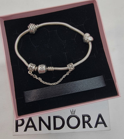 Pandora Bracelet with 2 charms (one heart) and safety chain
