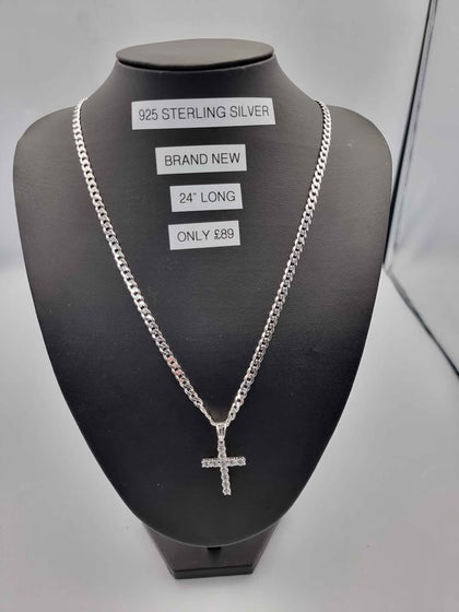 925 Sterling Silver Curb Chain Necklace With CZ Cross Pendant - 24