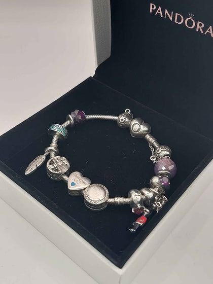 (925 ALE Hallmarked&Tested), Pandora Heart Clasp Bracelet, With Twelve Charms