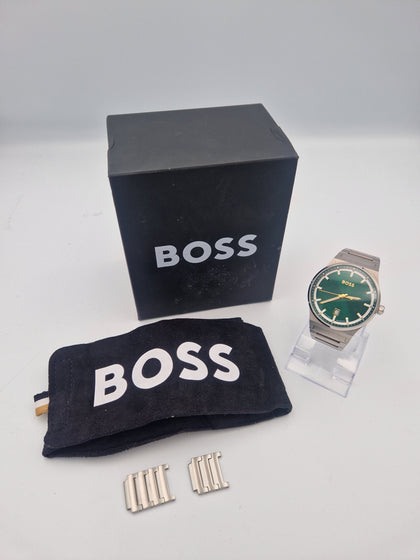 Hugo Boss candor mens green stainless steel quartz dress watch with box and extra links