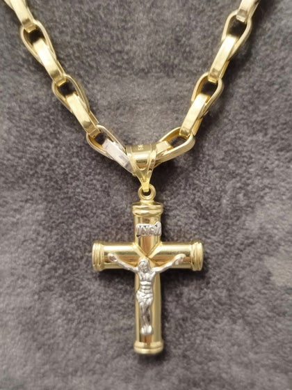 14ct  Yellow & White Hollow Long Link Chain & Crucifix