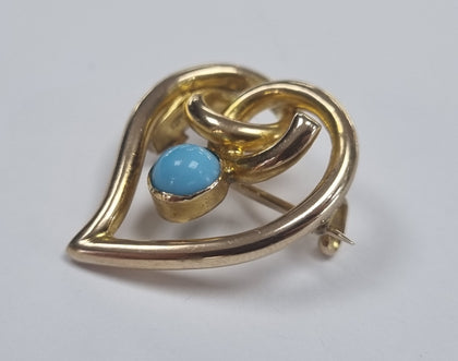 9CT Gold Witches Heart Brooch with Turqouise Stone