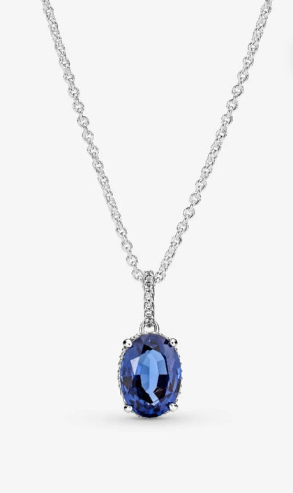 Pandora sparking halo necklace blue pendant boxed