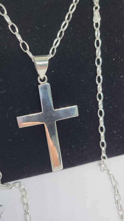 925 Sterling Silver Belcher Chain Necklace With Cross Pendant - 22