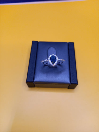 Silver Dark Blue Tear Drop Ring Size-P