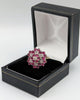 375 9CT YELLOW GOLD RING W/ RED& CLEAR STONES, SIZE 7.5, 4.97G
