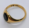 750 HALLMARKED 18CT, YELLOW GOLD, RING WITH BLACK STONE, SIZE: T/9.5. 6.7G, BOXED