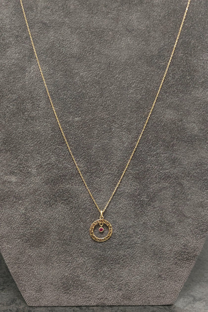 14ct Gold Greek Key & Red Stone Pendant & Chain - 16