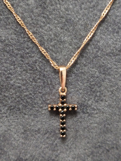14ct Rose Gold Double-Sided Clear/Black Stone Set Cross & Singapore Chain 20