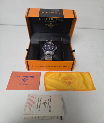 Stührling Original Pro Dive Watch Sports Watch with 42 MM Case Blue Dial Stainless Steel Silver
