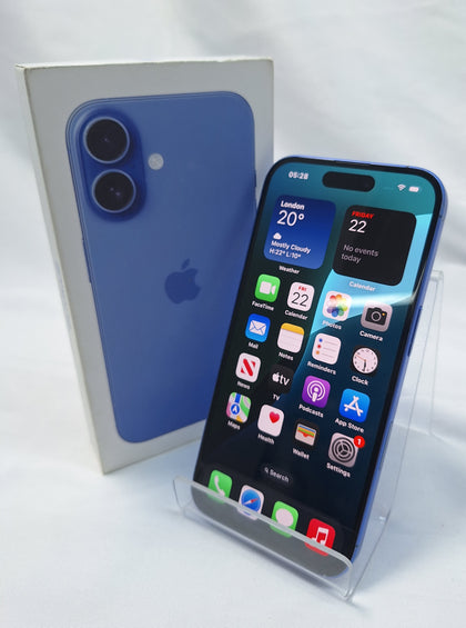 Apple iPhone 16 128GB smartphone blue unlocked boxed 100% batt health (small smash to back corner)