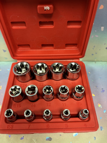 14Pcs Female E-Torx Star Socket Set, 1/4, 3/8, 1/2 in Drive,Female External Star Socket Set E4-E24 Torque Socket Set with Red Case