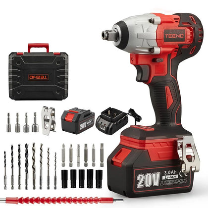 TEENO. 20V Brushless Lithium-Ion Impact Wrench 3.0Ah Batteries, Charger, 3