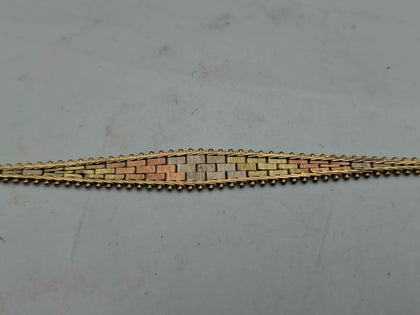 Vintage 9ct Tri-Color Gold Flexible Mesh Bracelet Tapered Brick Pattern - 7