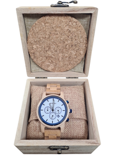 BOTANICA ALDER WOODLINK ZEBRANO, CHRONOGRAPH, QUARTZ, WOODEN MENS WATCH, IN ORGINAL BOX