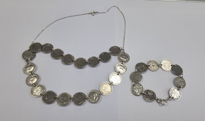 VINTAGE STERLING SILVER 3D THREEPENCE COIN NECKLACE AND BRACELET