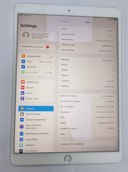 Apple iPad Pro 10.5” 1st Gen (A1709) 512GB - Silver unlocked (read description)