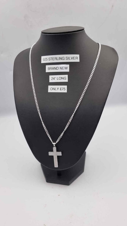 925 Sterling Silver Curb Chain Necklace With CZ Cross - 20.60 Grams - 24