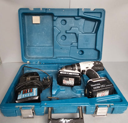 Makita DHP453 White 18V 2 Speed LXT Combi Drill + 2  Batteries & charger.