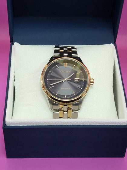 Citizen Corso eco drive Gents watch - 2 tone stainles steel bracelet (L) with black face and rose gold numerals