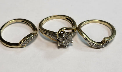 9ct Yellow Gold and Clear Stone 3 Ring Set - Size J - 6.31g total - Hallmarked