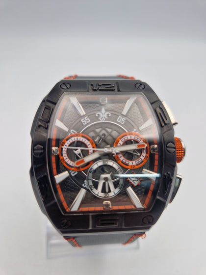 Ralph Christian Intrepid Chronograph Metal black/orange Dial Black Leather Strap quartz Watch BOXED