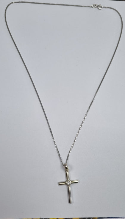 9CT WHITE GOLD NECKLACE with DIAMOND CROSS