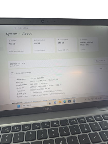 Dell Latitude 5450 - Intel Ultra 7 Cpu - 64GB Ram - 477Gb ssd
