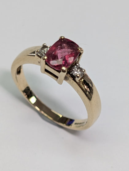 9ct Gold Diamond & Red Stone Ring