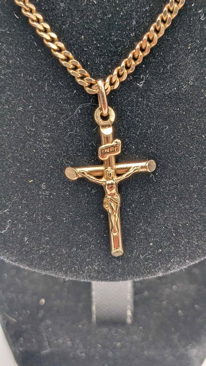 9ct Yellow Gold Curb Chain Necklace With Crucifix Pendant - 10.36 Grams - 20