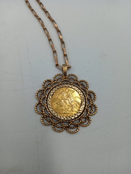 Half Sovereign Pendant Necklace - Hallmarked 10.29g 9ct Gold Chain with 22ct 1/2 Sovereign in 4.55g 9ct Mount