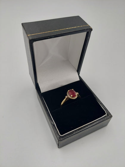 9K Gold Diamond Ring, Red Stone with Diamond Surrounding, 1.70Grams, Size: L