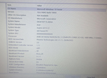 Acer Aspire A315-22 - AMD  A9-942OE - 8GB RAM - 1TB HDD