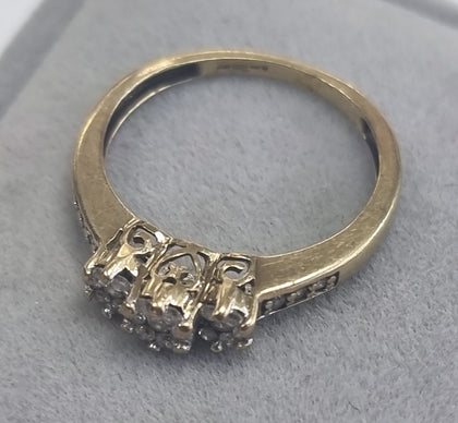 9ct Gold Triple Diamond Cluster Ring Size M1/2