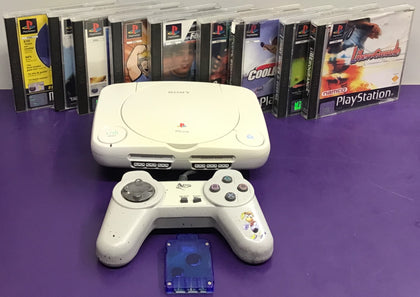 SONY PSone Console BUNDLE - White - inc. Third Party Controller, Memory Card & Cables ***inc.  9 GAMES INCLUDED***